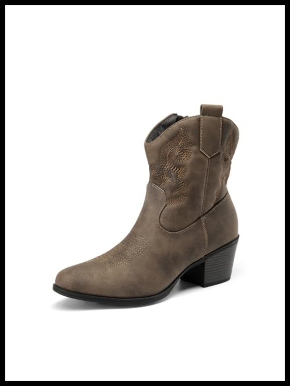 Faux Leather Western Ankle Boots Embroidered Cowboy Booties Low Chunky Heel